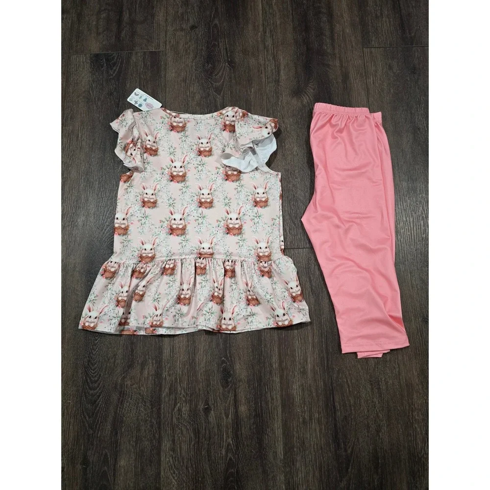 Pete + Lucy Girls Pink Easter Bunny Peplum Top and Leggings Set Size 7/8 NWT
